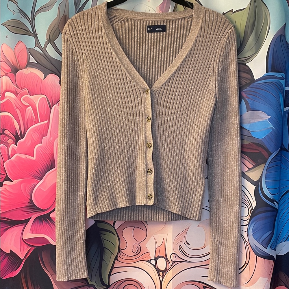 GAP Gold Shimmer Ribbed Button-Up Cardigan - Beige